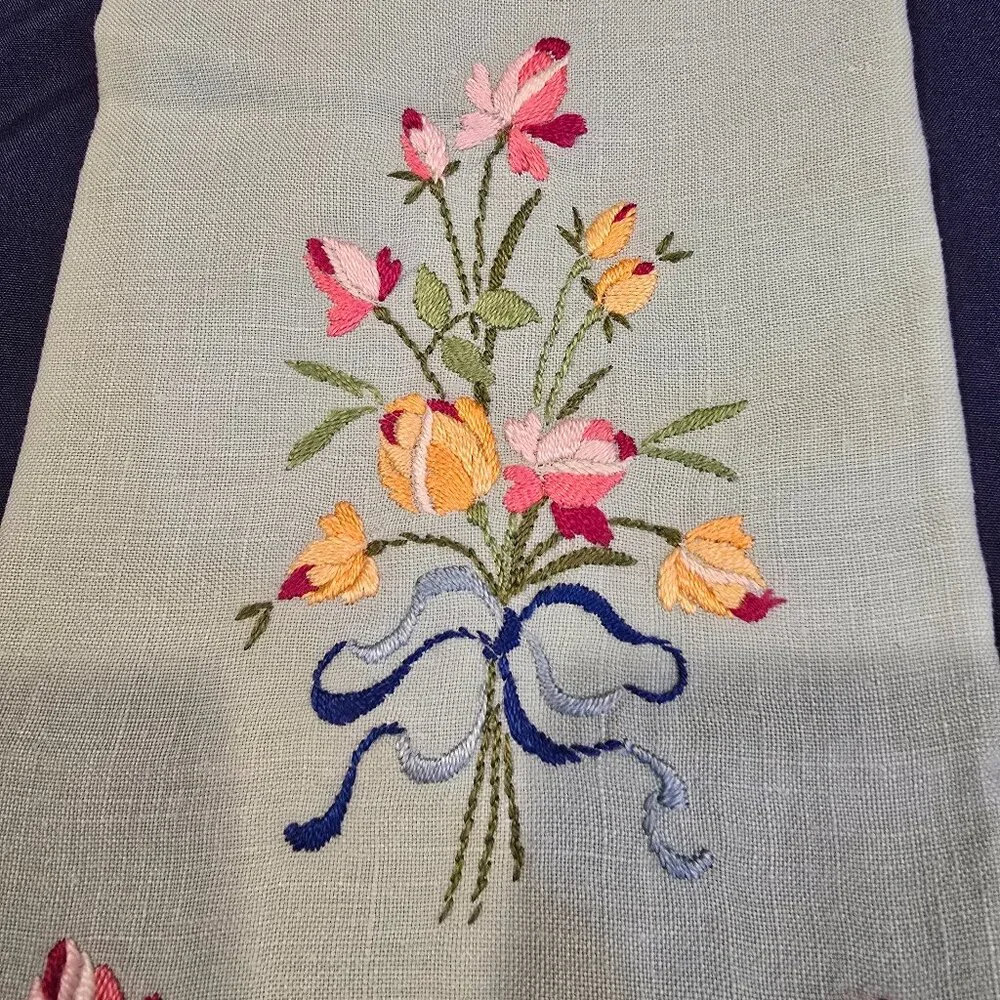 Hand Towel Blue-Green Linen Rose Bouquet Ribbons Embroidery 1950s MCM Vintage